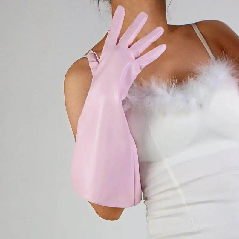 15 Zoll (38 cm) lange modische Handschuhe aus Kunstleder, PU, hellviolett, Lavendel, Flieder, Puffärmel, weit, locker, große Größe, Nachtclub, sexy – Detail 25