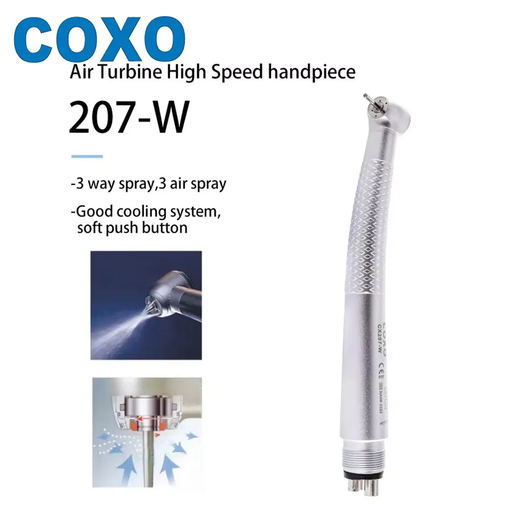 COXO CX207-W Dental High-Speed Handpiece push button Air Turbine Tooth Cleaning Machine Whitening Equipment 3way Spray Handpiece