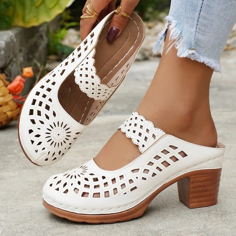 

Summer Women Chunky Heel Slippers 2026 New Fashion Hollow Out Closed Toe Slip on Sandals Female Comfort High Heel Casual Shoes