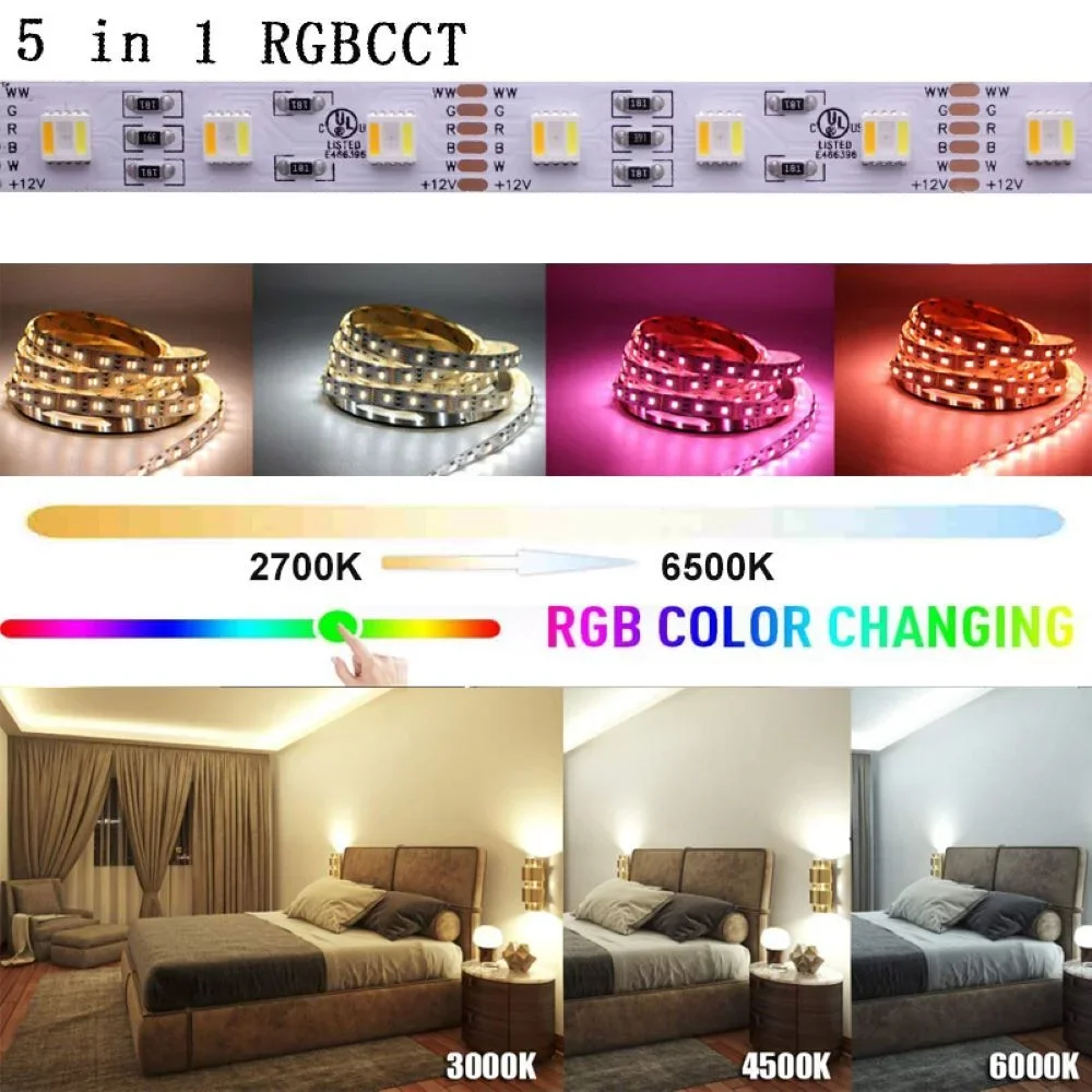 DC12V RGBCCT مصباح ليد قطاع 12 مللي متر SMD5050 + 2835/2IN1/5IN1 RGB + W + CW مرنة عطلة ديكورات الإضاءة المنزلية 60 المصابيح/م 90 المصابيح/م