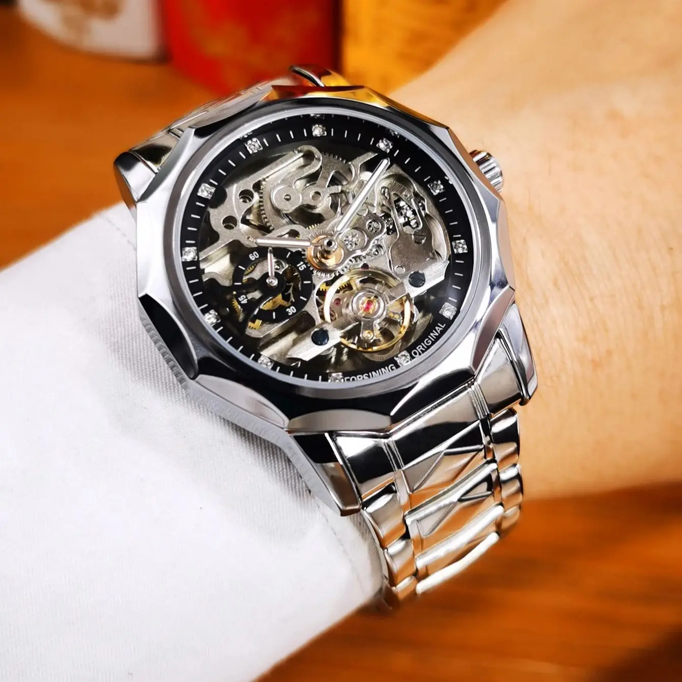 Forsining Fashion Tourbillon Skeleton ساعة ميكانيكية أوتوماتيكية للرجال مضيئة الأيدي مثلج خارج الساعات حزام الفولاذ المقاوم للصدأ #2