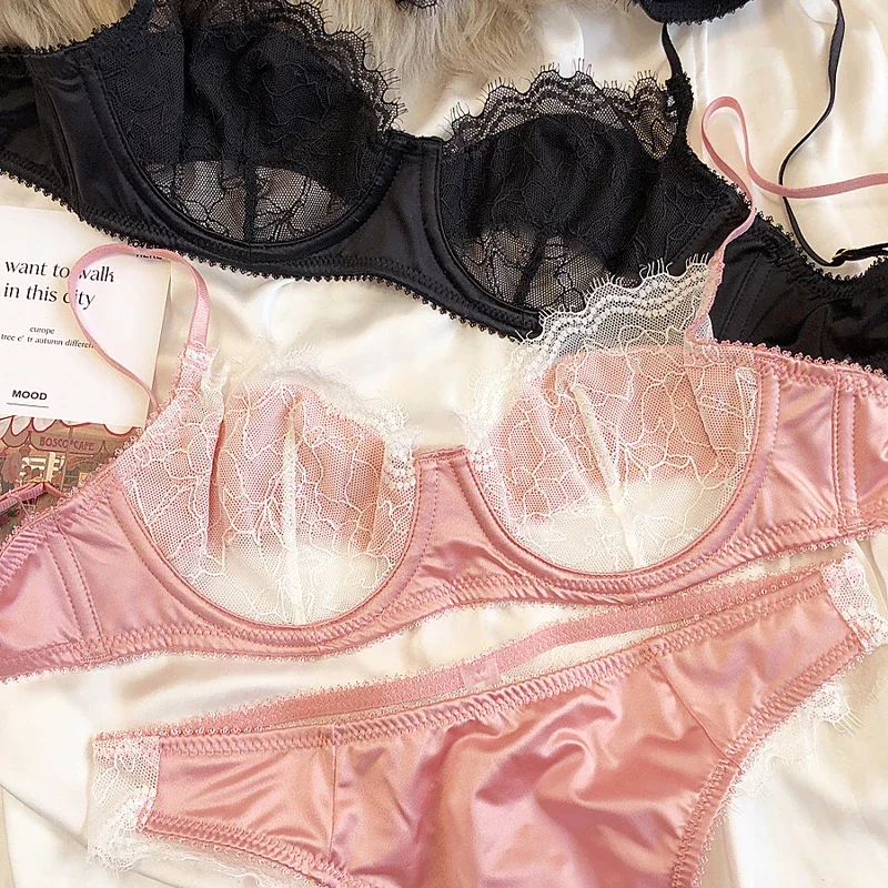 2 Pieces Sexy Ultra Thin Lace Bra Set Women Splicing Color Underwear French Silk Breathable Bras and Panties Intimate Lingerie