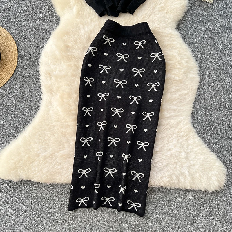 ใหม่ล่าสุดฤดูร้อนถักชุด O คอ Basic Tops + เอวสูงกระโปรงยาวพิมพ์ Chic Casual ผู้หญิง 2 ชิ้นชุด