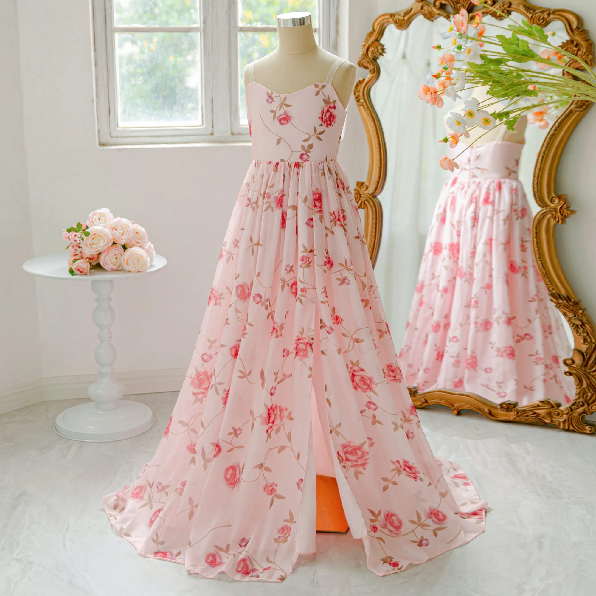 

Elegant Flower Print Beach Party Prom Girls Dress High Fork Pink Birthday Princess Dresses Wedding Bridesmaids Graduate Costumes