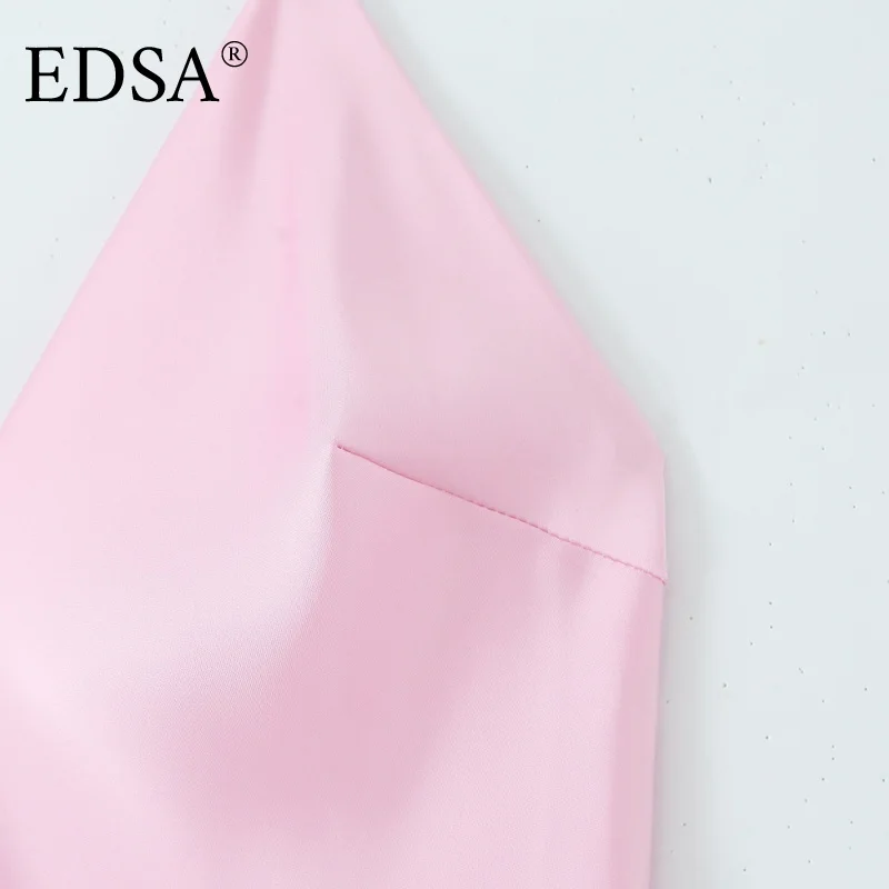 فستان EDSA نسائي متوسط الطول من الساتان الوردي مع أشرطة رسن رفيعة ورقبة على شكل حرف V وخصر عالٍ بدون ظهر للصيف للحفلات الطويلة