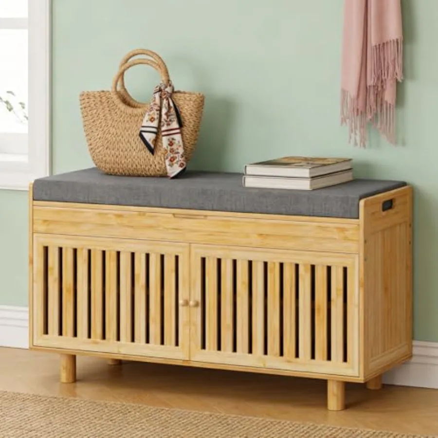 

Bamboo 35.4in Shoe Storage Bench with Lift Top Compartment Padded Seat Cushion 2-Tier Rack Cabinet in Natural Finish Ideal for