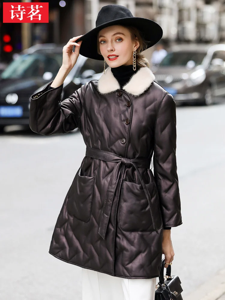 

2023 Winter New Genuine Leather Down Coat Women's Slim Fit Mid length Mink Collar Haining Sheepskin Coat