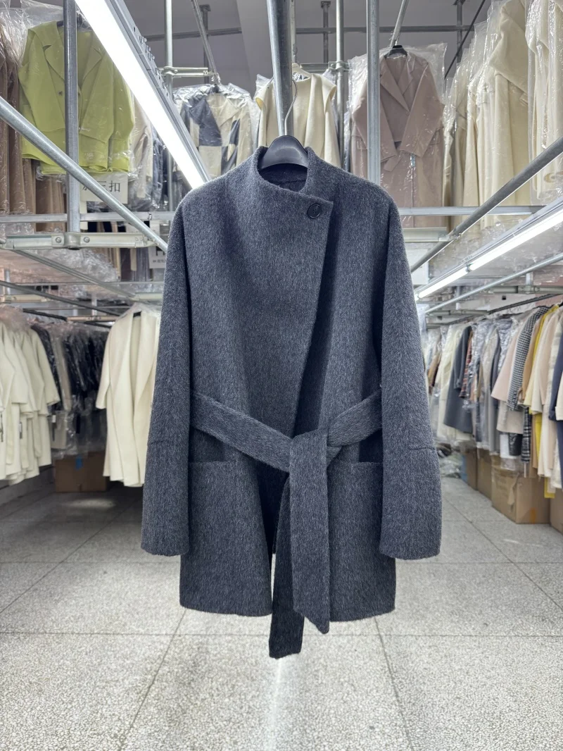 Abrigo de lana con cuello levantado para mujer, chaqueta Breif de otoño e invierno con un botón 2025