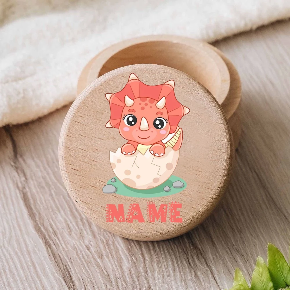 Personalised Dinosaur with Name Tooth Box Baby Keepsake Teeth Umbilical Curl Hair Wooded Collect Case Infant Baptism Shower Gift