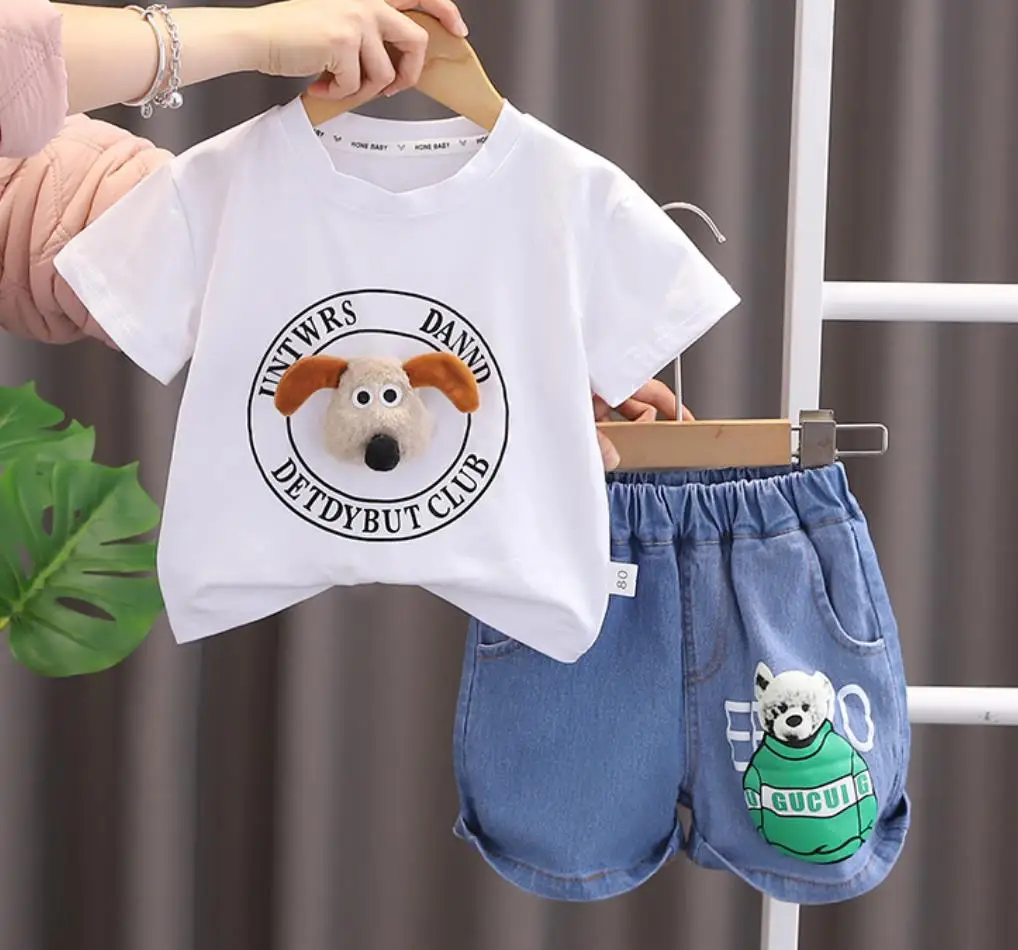 

Boys Summer Tracksuits 2024 Fashion Kids Cartoon Printed O-neck Cotton T-shirts+Denim Shorts Two Piece Sets Infant Clothing