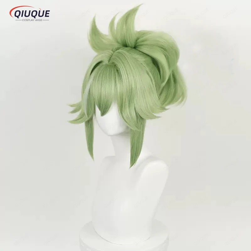 Wig Cosplay Kuki Shinobu, permainan Impact hijau muda tahan panas sintetis klip rambut Wig ekor kuda + topi Wig + Masker