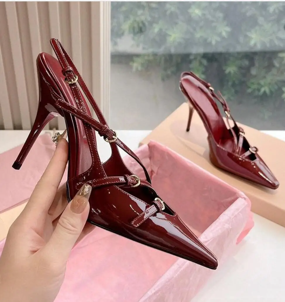 Fashion Patent Leather Women\'s Mules Sandals for Party Sexy Pointed  Back Strap High-heeled Shoes Banquet Wedding Stiletto Shoes