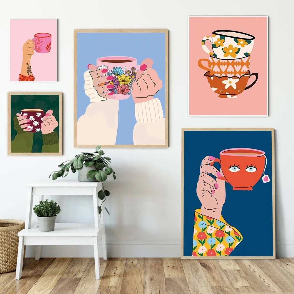 Cosy Cuppa Retro Art Print Teacup Floral Boho Decor Eclectic Colorful Botanical Canvas Painting Kid Kitchen Mug Wall Art Picture