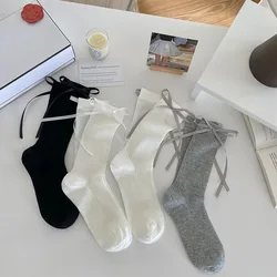 Ballet Style Sweet Long Ribbons Bowknot Women's Socks Lolita Middle Tube Socks Summer INS JK Girls Vertical Stripes Thin Socks