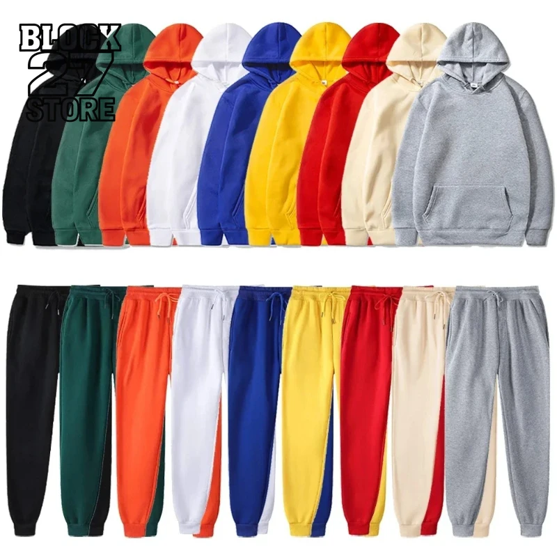 

Новый флисовый мужской однотонный пуловер с капюшоном, спортивный комплект из двух предметов, повседневная толстовка с капюшоном в стиле Харадзюку и брюки для бега, новинка