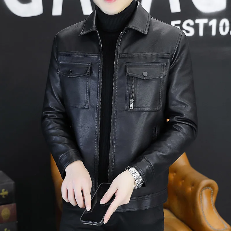 

Men Outerwear Leather Moto Jacket Slim Fit Male High Quality PU Leather Coat for Men Lapel Leather Jacket Large Chest Pocket