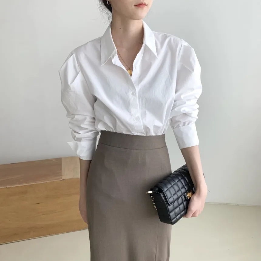 

Autumn Korean French Simple Women Blouse Simple Basic Solid Color Slim Woman Blouse Casual Fashion Light Blue White Black Top