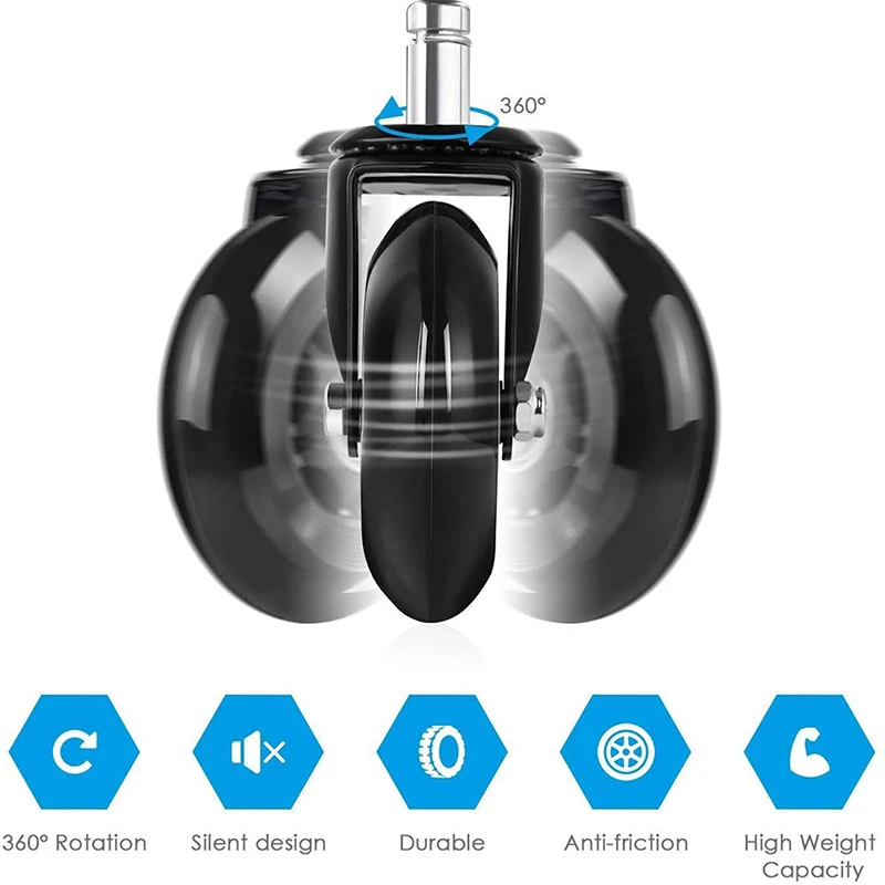 Office Chair Rubber Replacement Castors Wheels Black, Quiet Rolling And Safe For Hardwood Floors Laminate Carpet And Tile