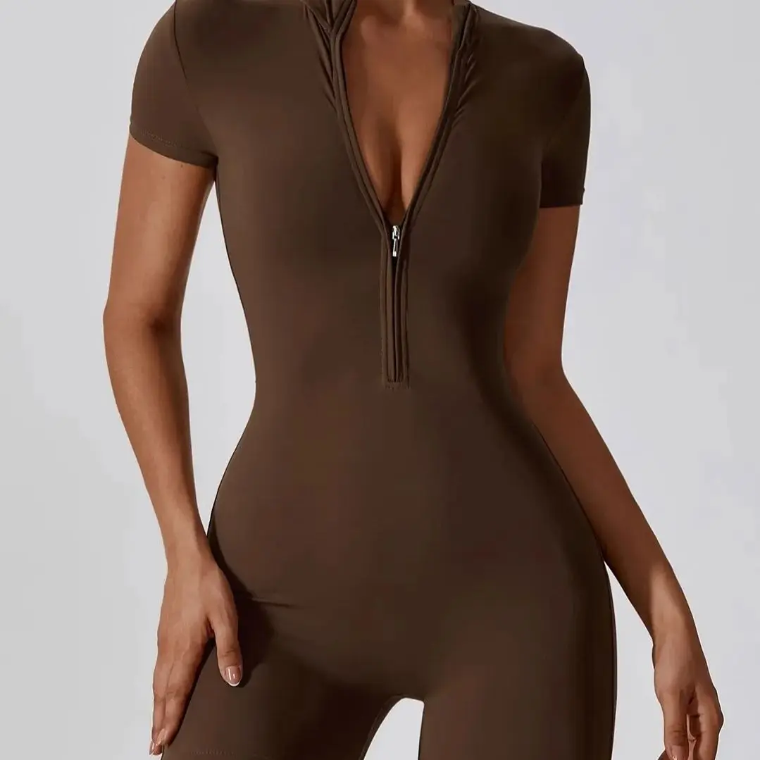 

Ladie Summer Short Sleeve Zipper Jumpsuit Gym Fitness Bodysuits Running Workout Activewear Sporty Trendy 2026 Summer New Casual