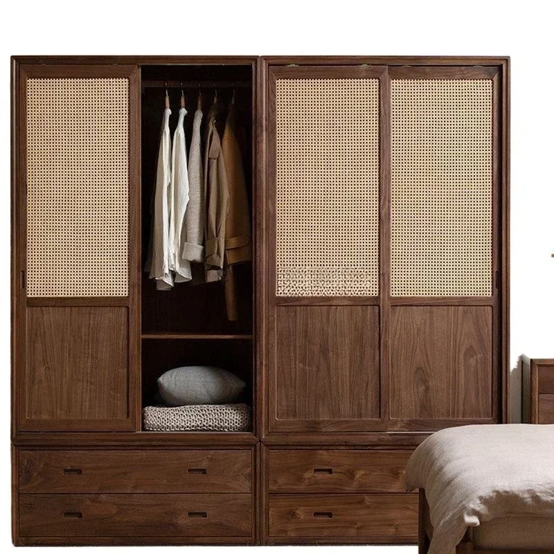 New Chinese solid wood wardrobe black walnut rattan sliding door large wardrobe sliding door storage cabinet bedroom