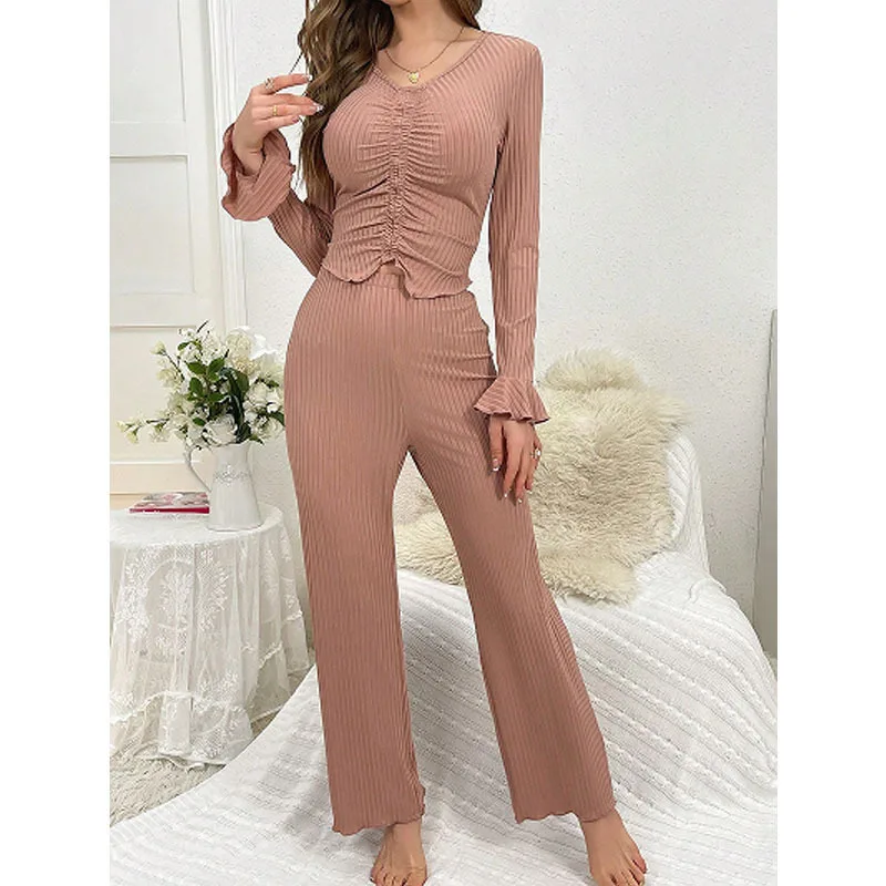 Pigiama a maniche svasate pieghettato con scollo a v abito da donna autunno pantaloni a maniche lunghe di fascia alta loungewear set a due pezzi