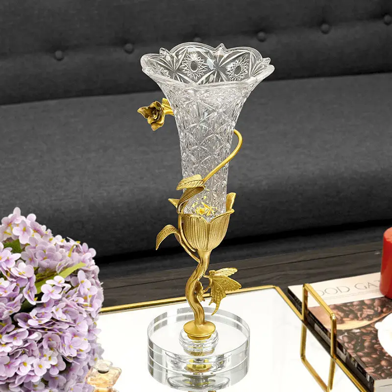 Tulip brass crystal glass light  vase household beautiful flower ware, flower arrangement ornament living room bedroom dec