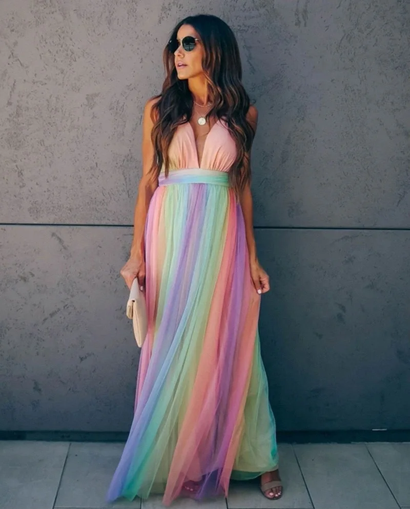 Fantasy Deep V Neck Rainbow Women Party Dress Sexy Mesh Sleeveless Backless Evening Dress Fashion Big Hem Pendulum Vestidos Robe