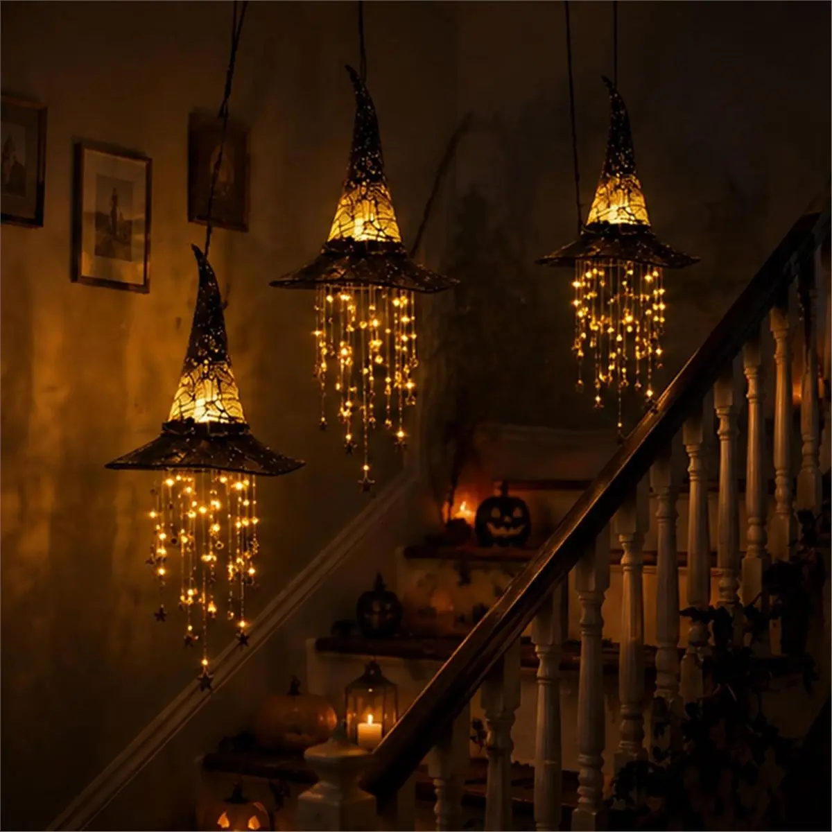 Lighted Witch Hat Hanging Chime, Glowing LED Decor, Sparkling Star Tassels, Halloween Porch Window Outdoor Decoration