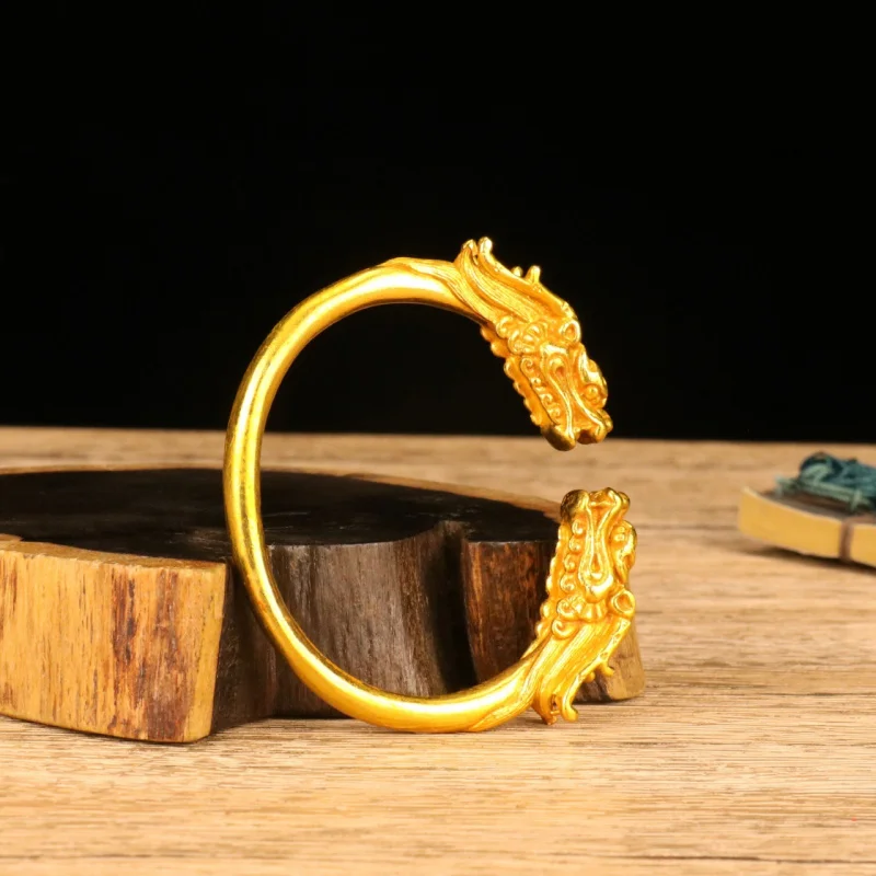 

Браслет из сплава золотого цвета с открытым дисплеем, коллекционная имитация меди, позолоченный браслет с двойной головой дракона, орнамент