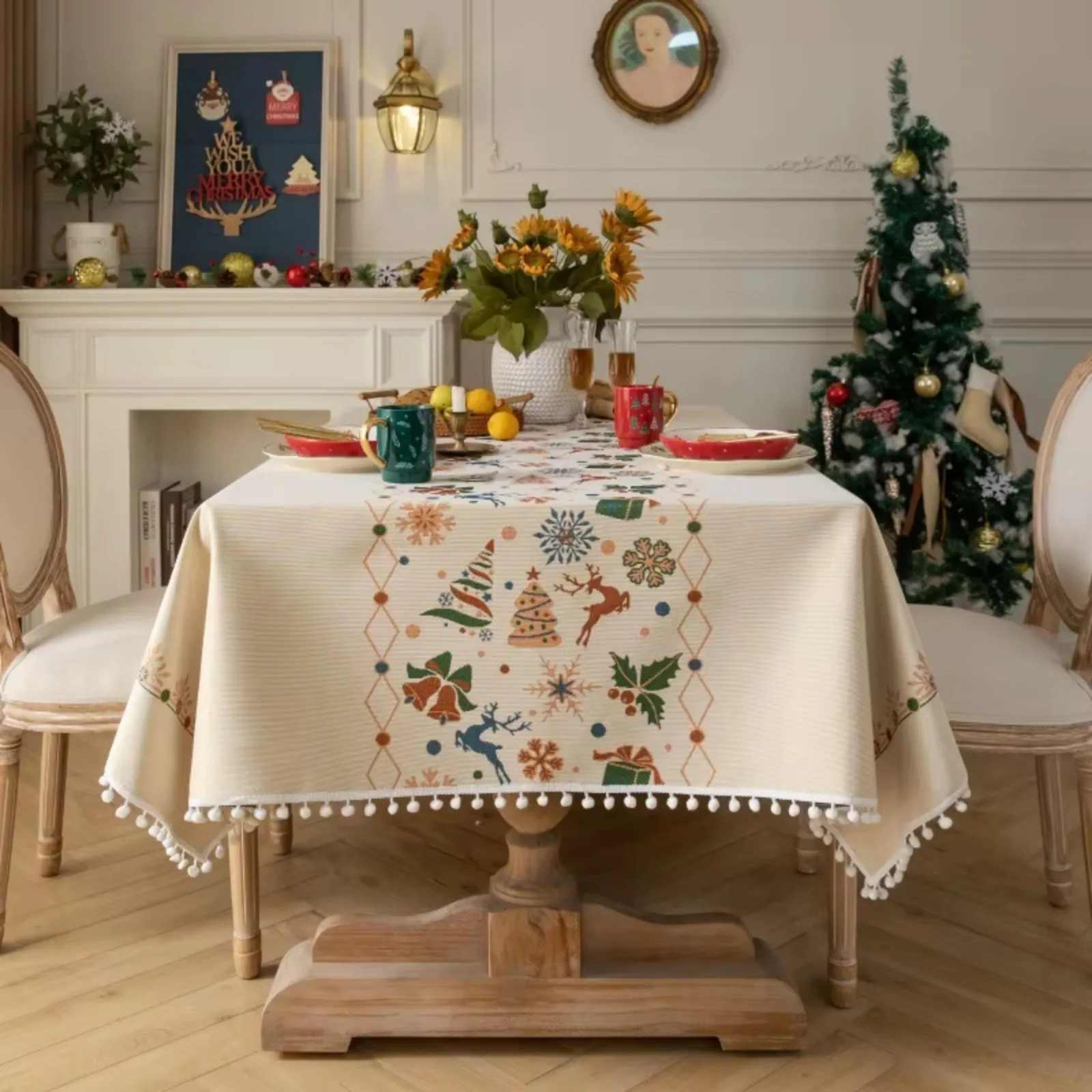 Christmas Tablecloth Rectangle Cotton Pompom Farmhouse Deer Print Reusable Winter Dining Table Cover Holiday Kitchen House Decor