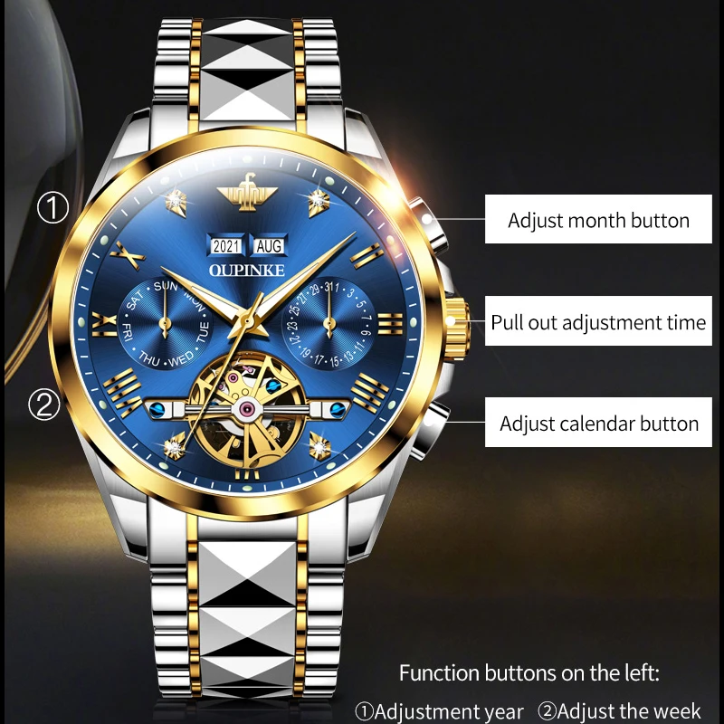 OUPINKE 3186 Men\'s Watch Luxury Brand Automatic Mechanical Wristwatch 50M Waterproof Luminous Multifunctional Chronograph Watch