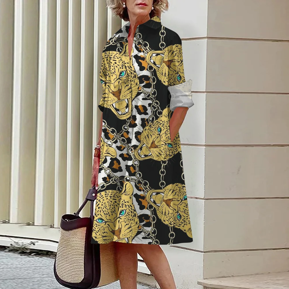 2024 Elegant Ladies Long Sleeve Shirt Dress Lapel Button Exquisite Printing Mid-Length Dress Casual Loose Commuter Shirt Dresses