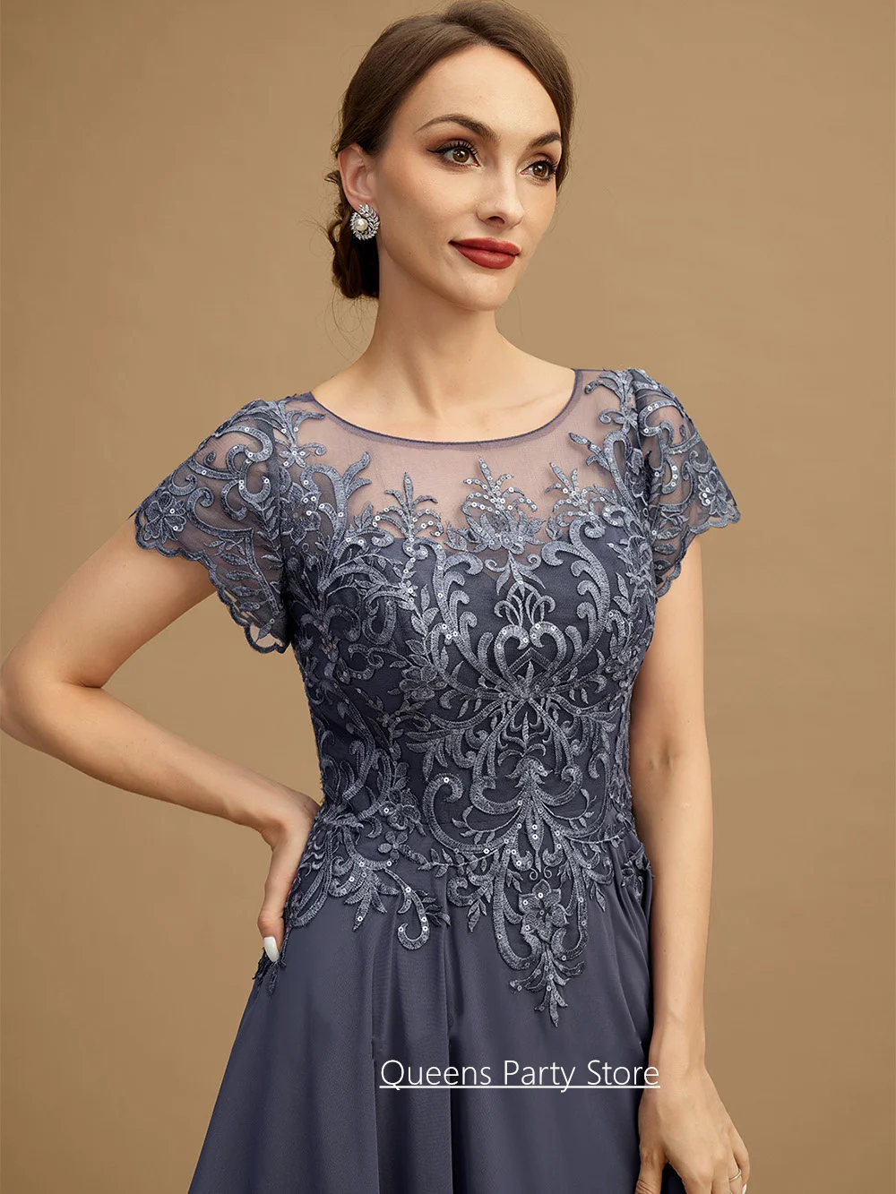 Classic Mother of The Bride Dress Customized Short Sleeves Scoop Sequined Applique Chiffon Evening Dress Wedding Guest Gown image 4