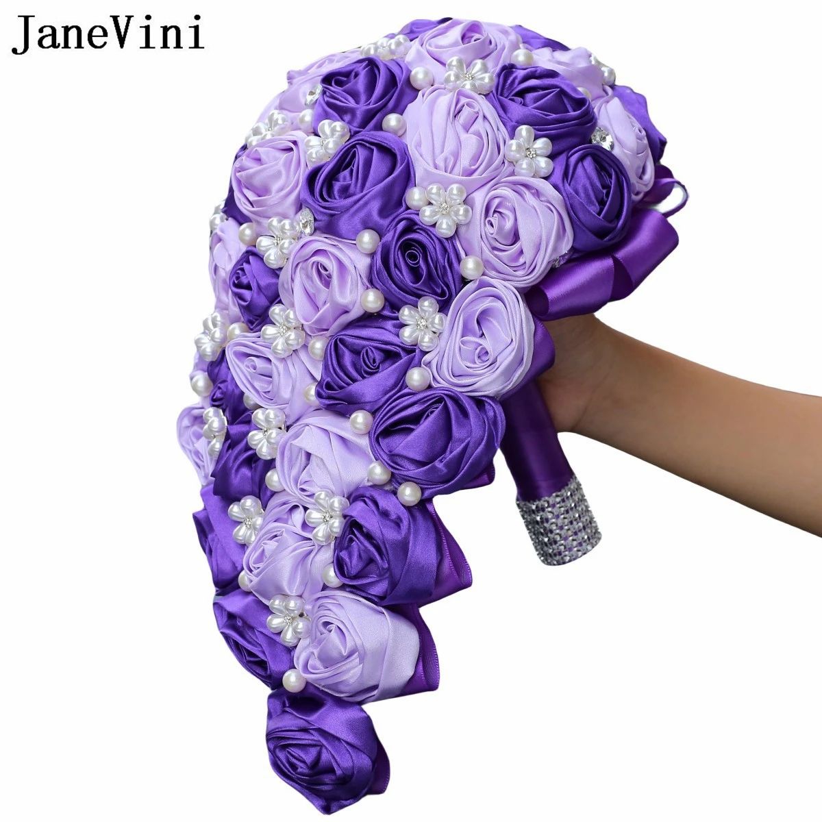 JaneVini Romantic Purple Roses Waterfall Wedding Bouquets Bride Luxury Crystal Pearls Bridal Cascading Artificial Flower Bouquet