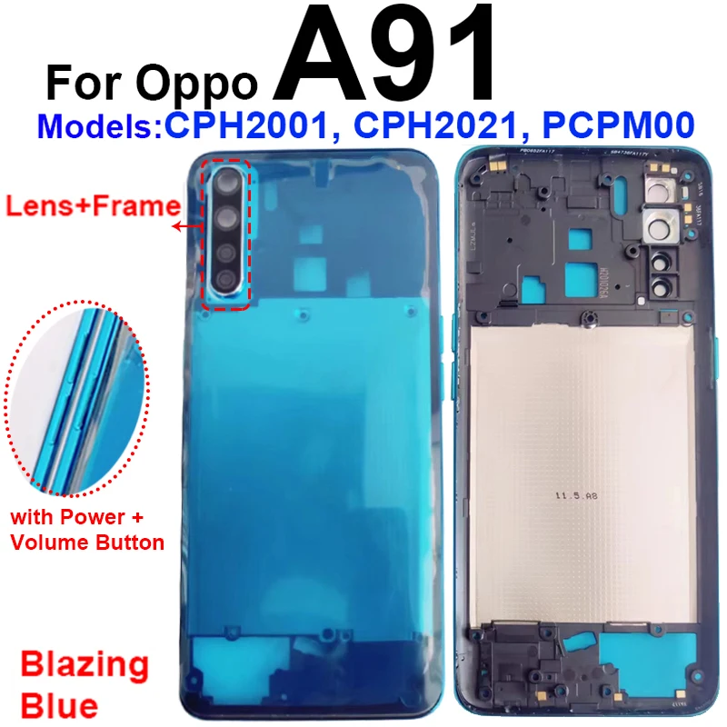 For OPPO A91 4G Middle Housing Middle Frame Bezel Cover with Side Button Camera Lens Frame Parts