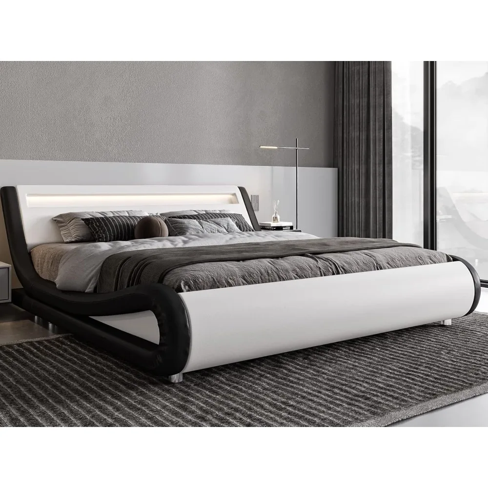 LED Platform Bed Frame with Adjustable Headboard/No Box Spring Need/Easy Assembly/Faux Leather in White and Black