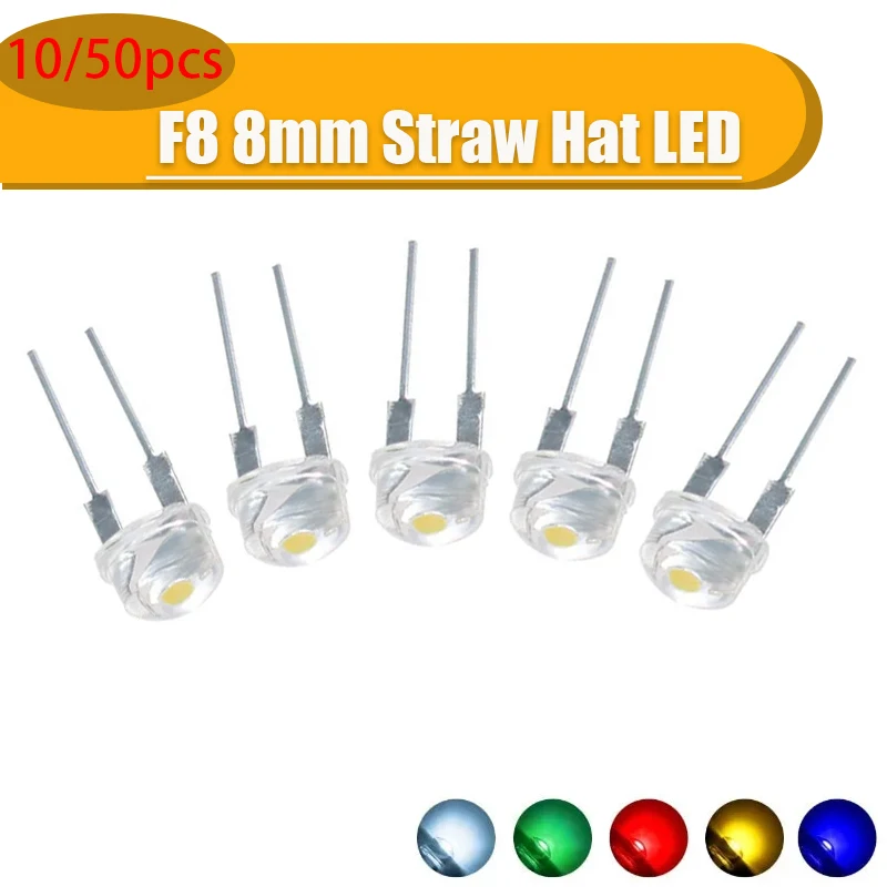 10/50PCS 8MM F8 Strohhut LED Diode Blau Grün Rot Gelb Weiß Leuchtdioden Kit Hohe Qualität
