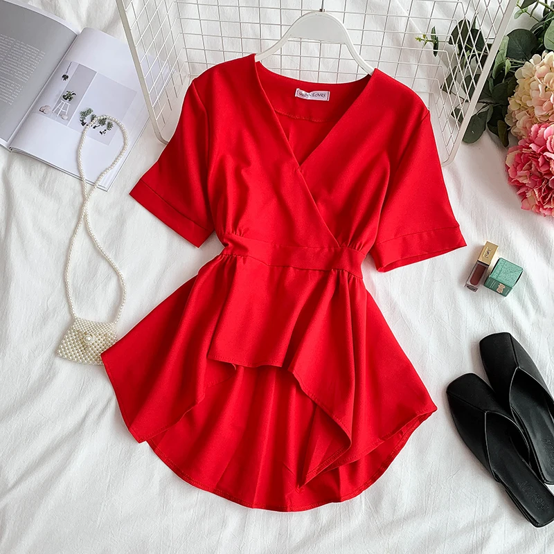 

Korean Sle Pure Color V-Ne ort Sve Slimming Hemline Chiffon Top Front ort Ba Long 2020 New Summer Faion Women'...