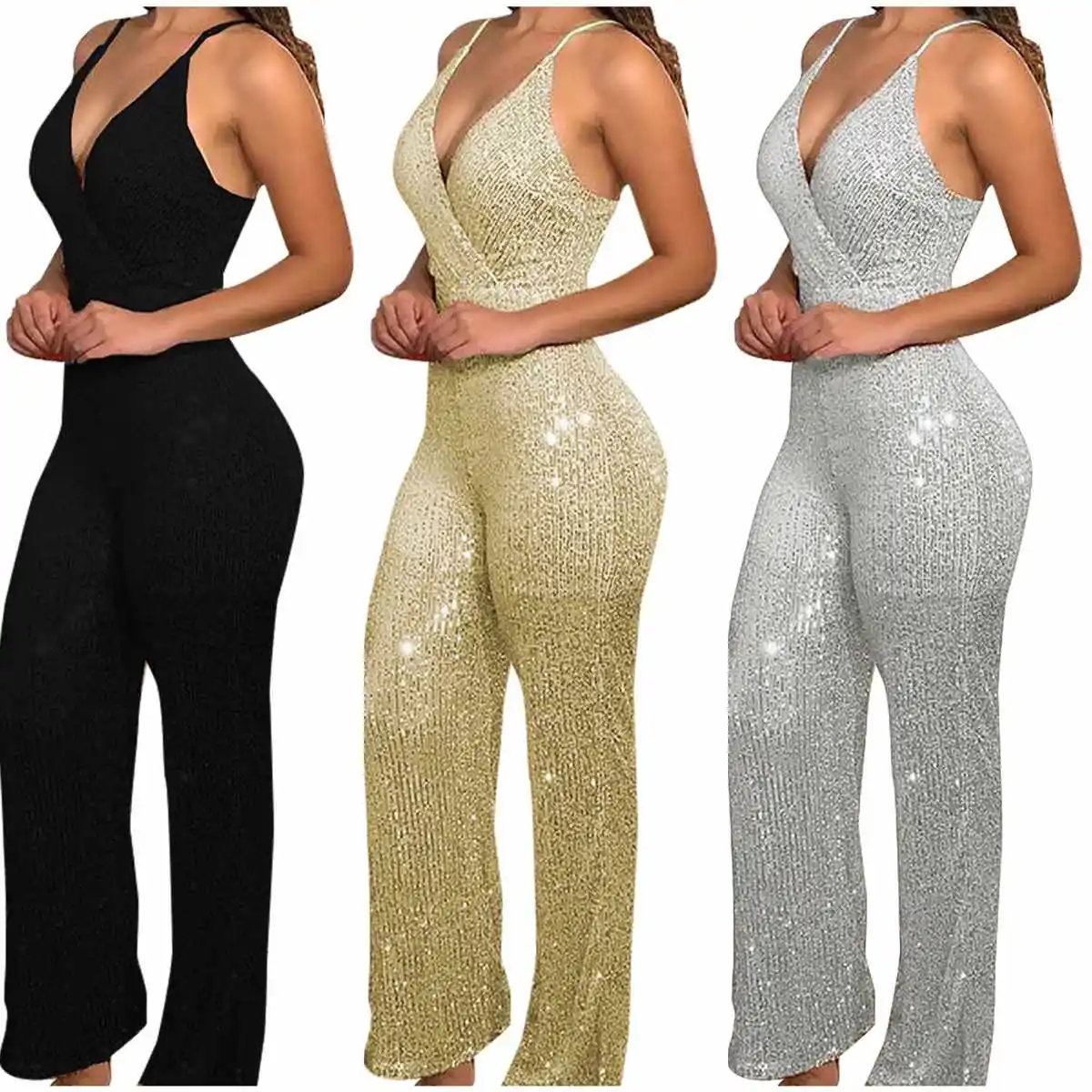 

Sexy Tight Sequin V-Neck One-Piece Pants High Waist Long Pants Cotton Summer Women's Fashion Commute Style Comfortable Fit