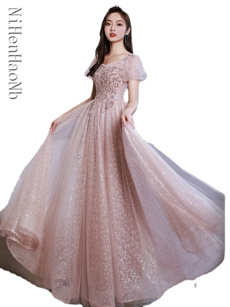 

Платья Quinceanera, новые летние платья с пайетками и короткими рукавами, тонкие длинные платья трапециевидной формы для выпускного вечера, темпераментные женские халаты De Soirée