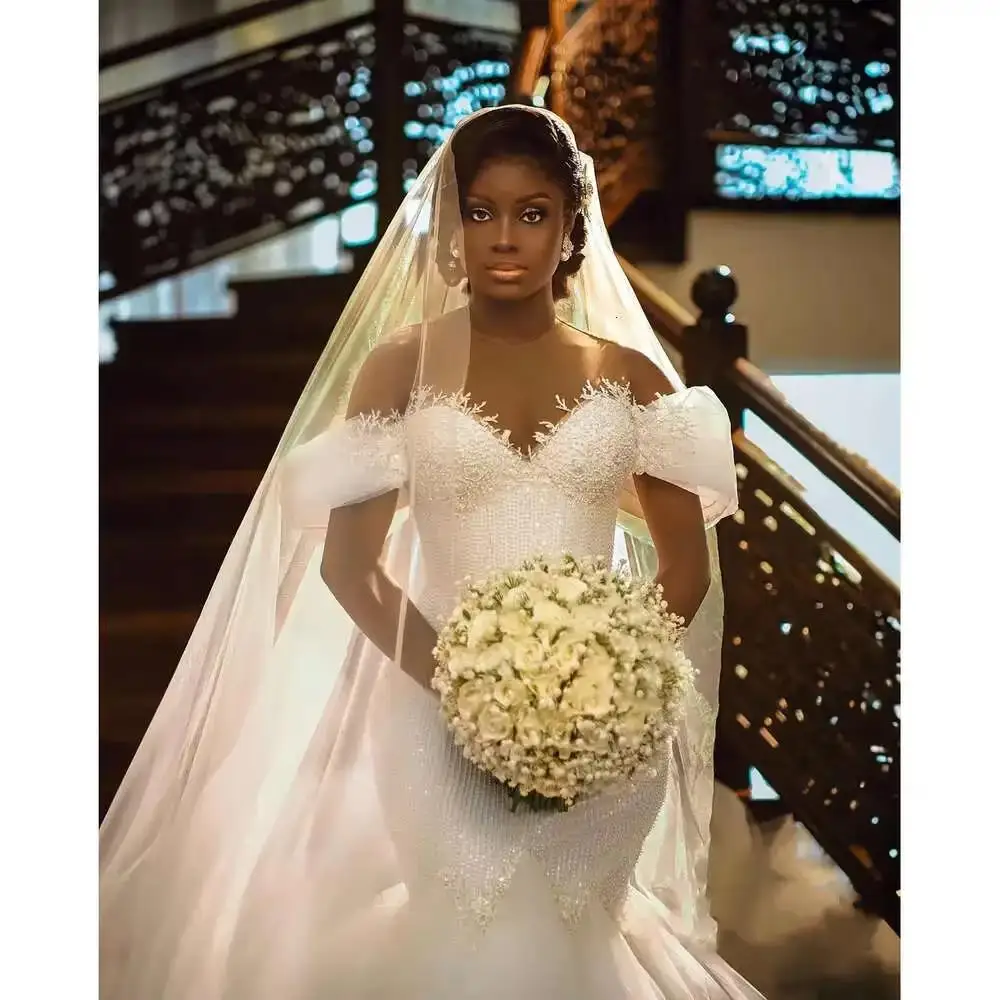Vestido De novia personalizado con cuentas y hombros descubiertos, batas De novia con espalda De corsé, vestido De novia De sirena De talla grande