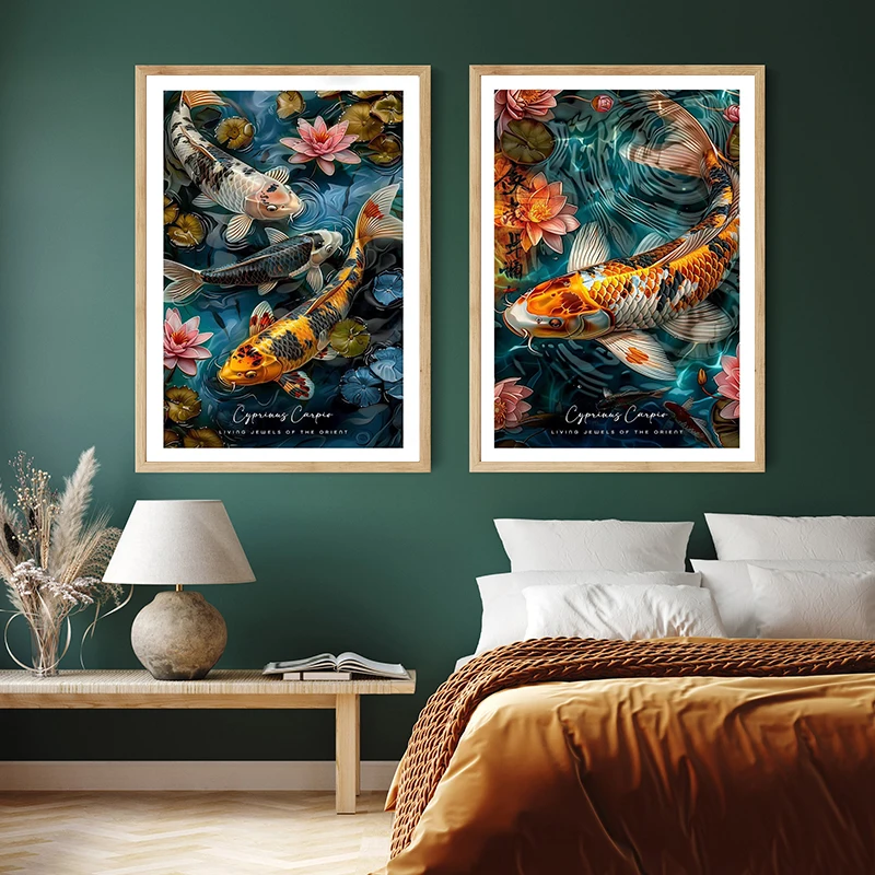 Chinese Style Red Koi Auspicious Carp Lotus Pond Fish Lovers Poster Canvas Paintings Wall Art Pictures Home Decor