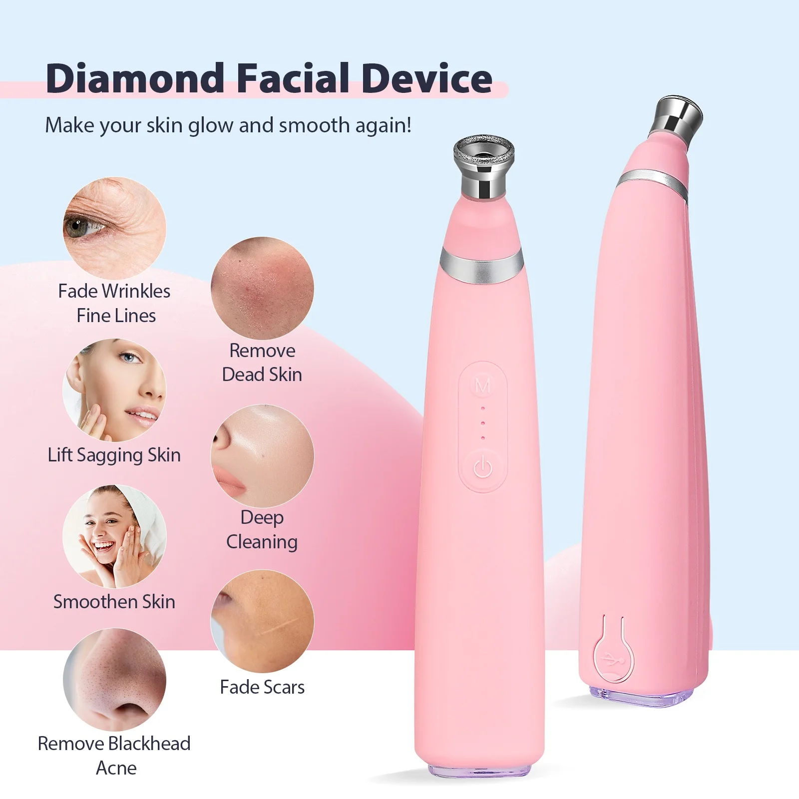 Portable Diamond Microdermabrasion Machine Facial Pore Cleaner Equipment for Skin Toning Home Facial Treatment Device