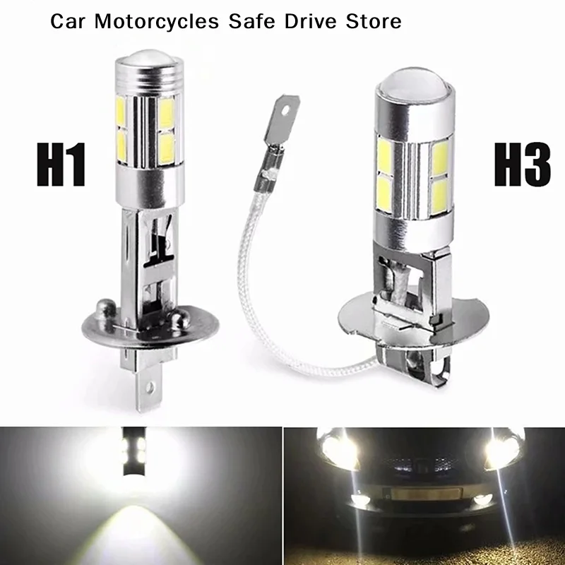 【M】2PCS H1 H3 LED Car Bulbs 6000K White LED High Power 10-SMD 5630 Car Decoding Fog Light Driving DRL Auto Lamp