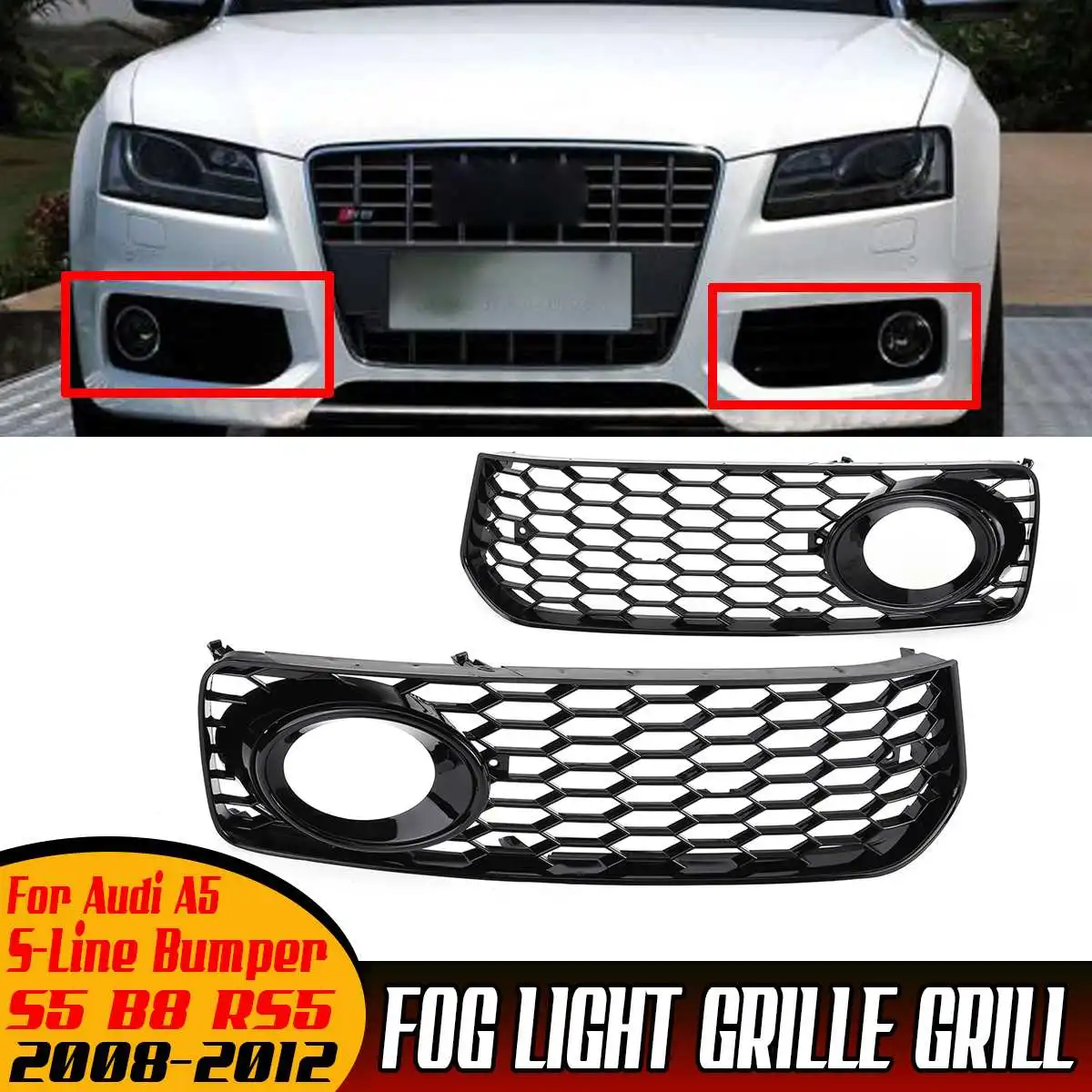 

1 Pair Front Fog Light Racing Grille Car Honeycomb Mesh Cover For AUDI A5 S Line S5 B8 RS5 2008 To 2012