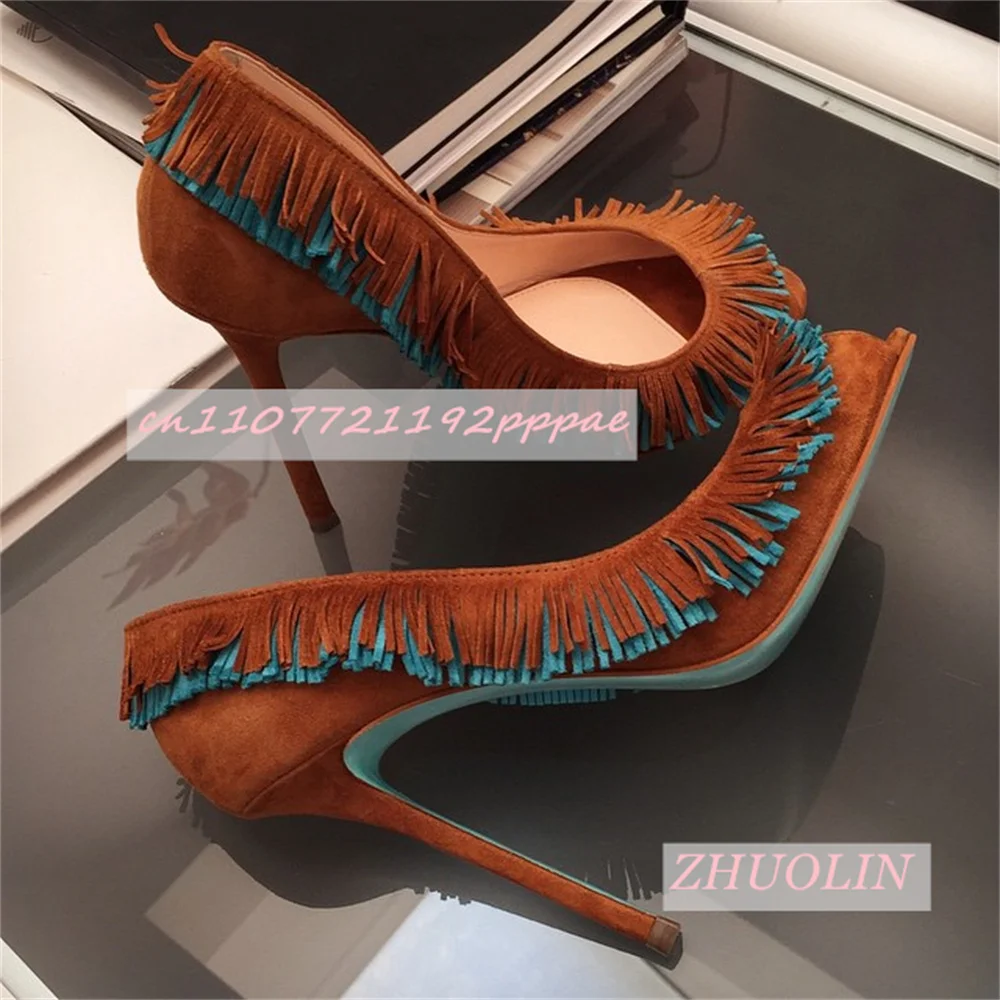 Women'S Mixed Colors Suede Tassel High Heels Vintage Brown Pointed Toe Stiletto Pumps Elegant Wedding Evening Shoes Big Size 46