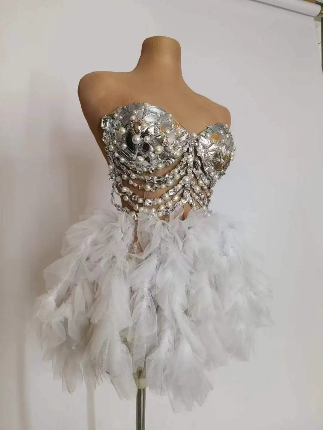 Sexy Women Sequins Pearl Dress White Snow Birthday Singer Night Club Dance Costume Drag Queen Outfit Exotic Apparel