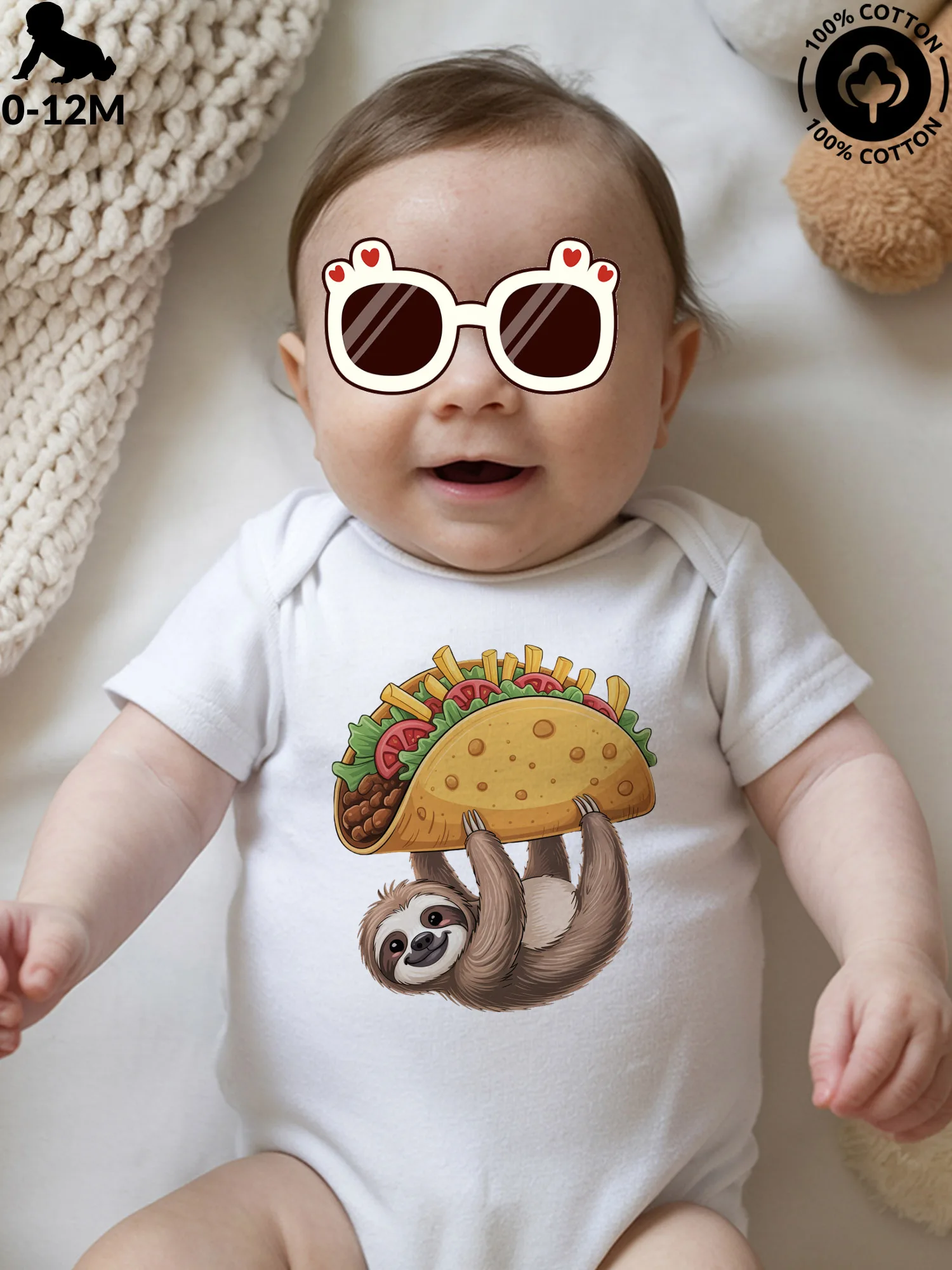 Abito strisciante unisex per bambini Bradipo e Taco, tutina morbida in puro cotone, body bianco per tutte le stagioni 190GSM