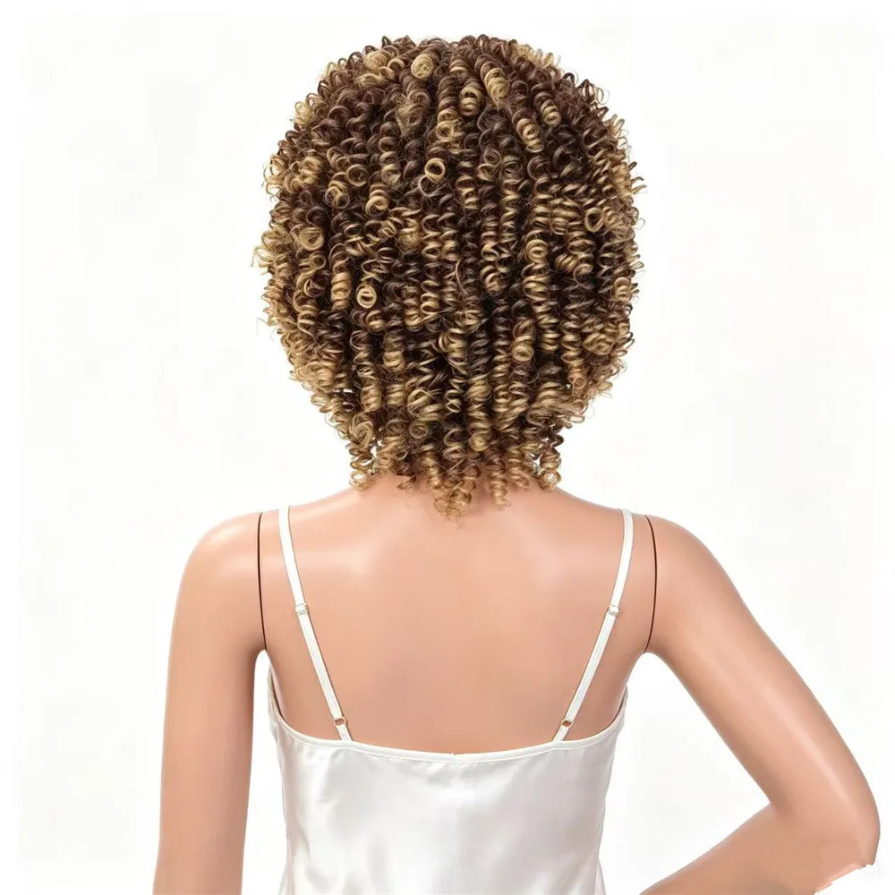 Synthetic Short Afro Kinky Curly Wig for Women with Bangs Mixed Brown Ombre Black Color African American Hairstyle for Daily Use