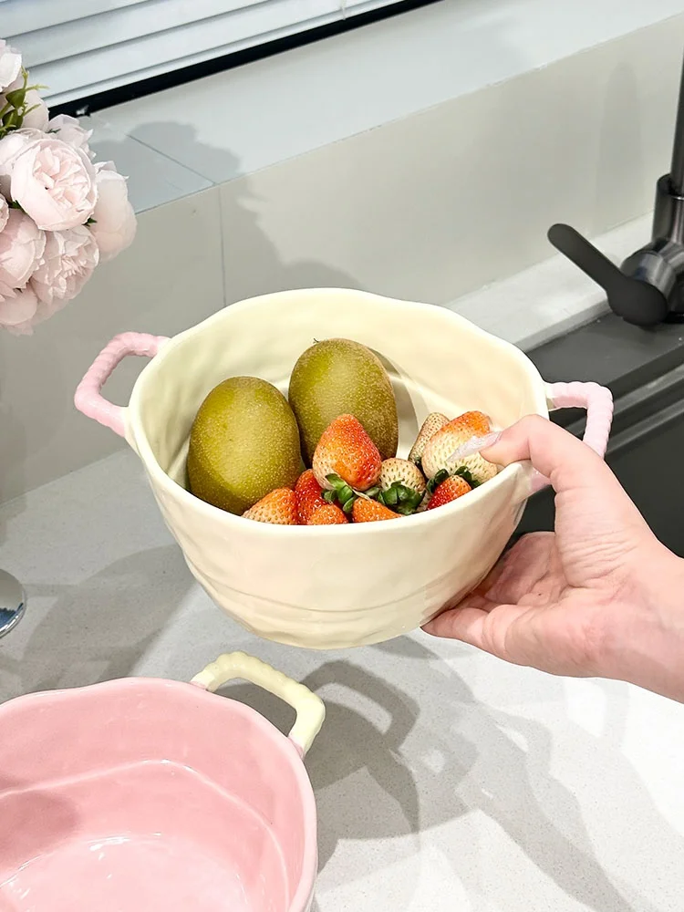 

Cute Double-Eared Cerc Soup Bowl for Home Use Instant Noodles Bowl Spicy Hot Pot Bowl Fruit Bowl Yogurt Bowl Girls Cutlery